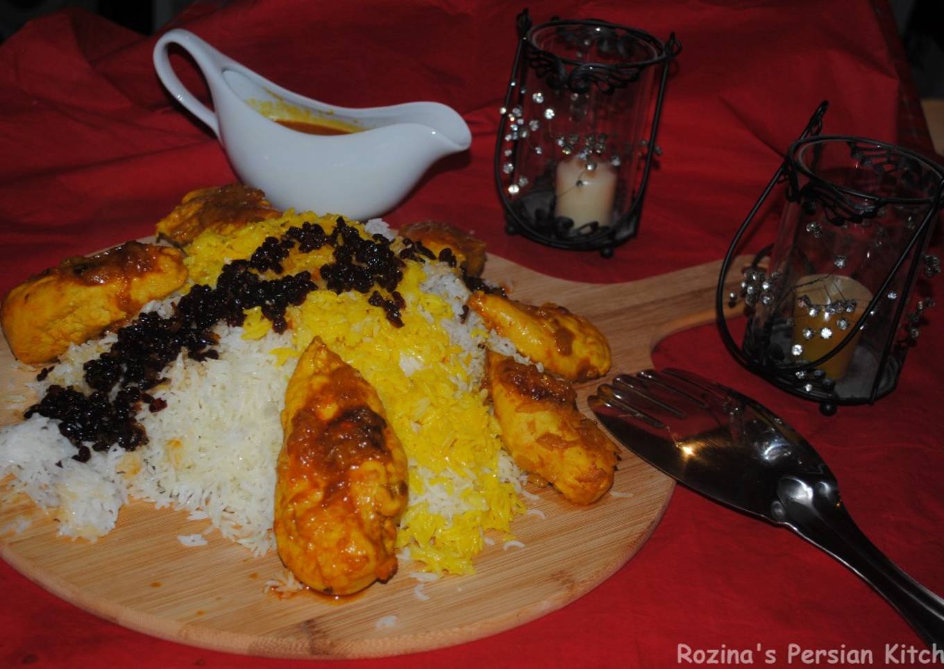 Persian Barberries rice with saffron chicken (Zereshk polow BA morgh)