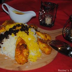 A picture of Persian Barberries rice with saffron chicken (Zereshk polow BA morgh).