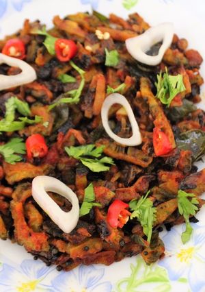 A picture of Kakarakaya Vepudu (Bitter Gourd Stir Fry - Andhra Style).