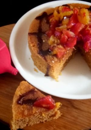 A picture of Ghee Residue Cake with Melon Orange Compote.