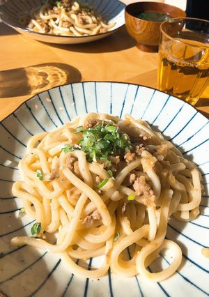 A picture of Minced meat miso udon noodle.