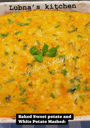 A picture of Baked Sweet potato and White Potato Mashed:.