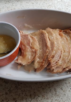 A picture of Slow cooked Pork in Apple sauce and a little Cider. So Easy.
