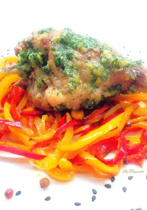 A picture of Rabbit with Mini Peppers and Piedmontese Salsa Verde.