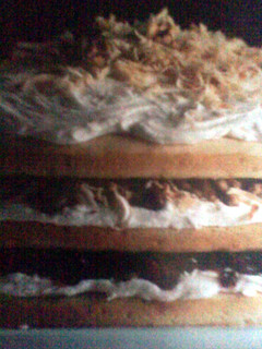 A picture of Toasted coconut cake w/ walnuts & cranberries.