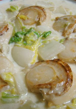 A picture of Easy Creamy Braised Napa Cabbage and Scallops.