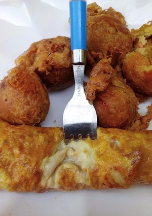 A picture of Yam Balls and Fried Egg.