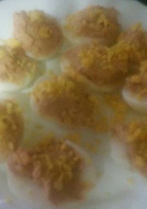A picture of Deviled Eggs with Pork Liver Pâté and Tuna.