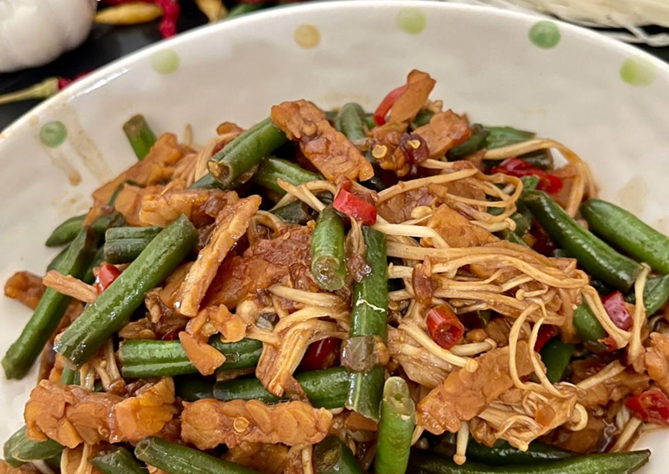 Oseng tempe buncis enoki