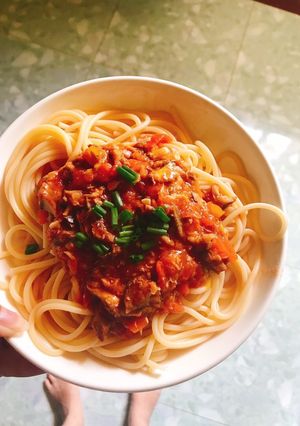 Hình của món Mỳ ý Pasta cá hộp.