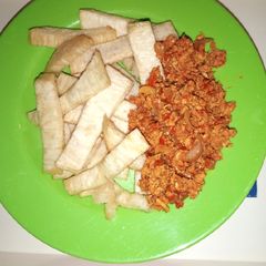 A picture of Fried yam nd scrambled eggs.