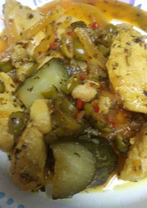 A picture of Preserved Lemon Chicken Moroccan influenced.