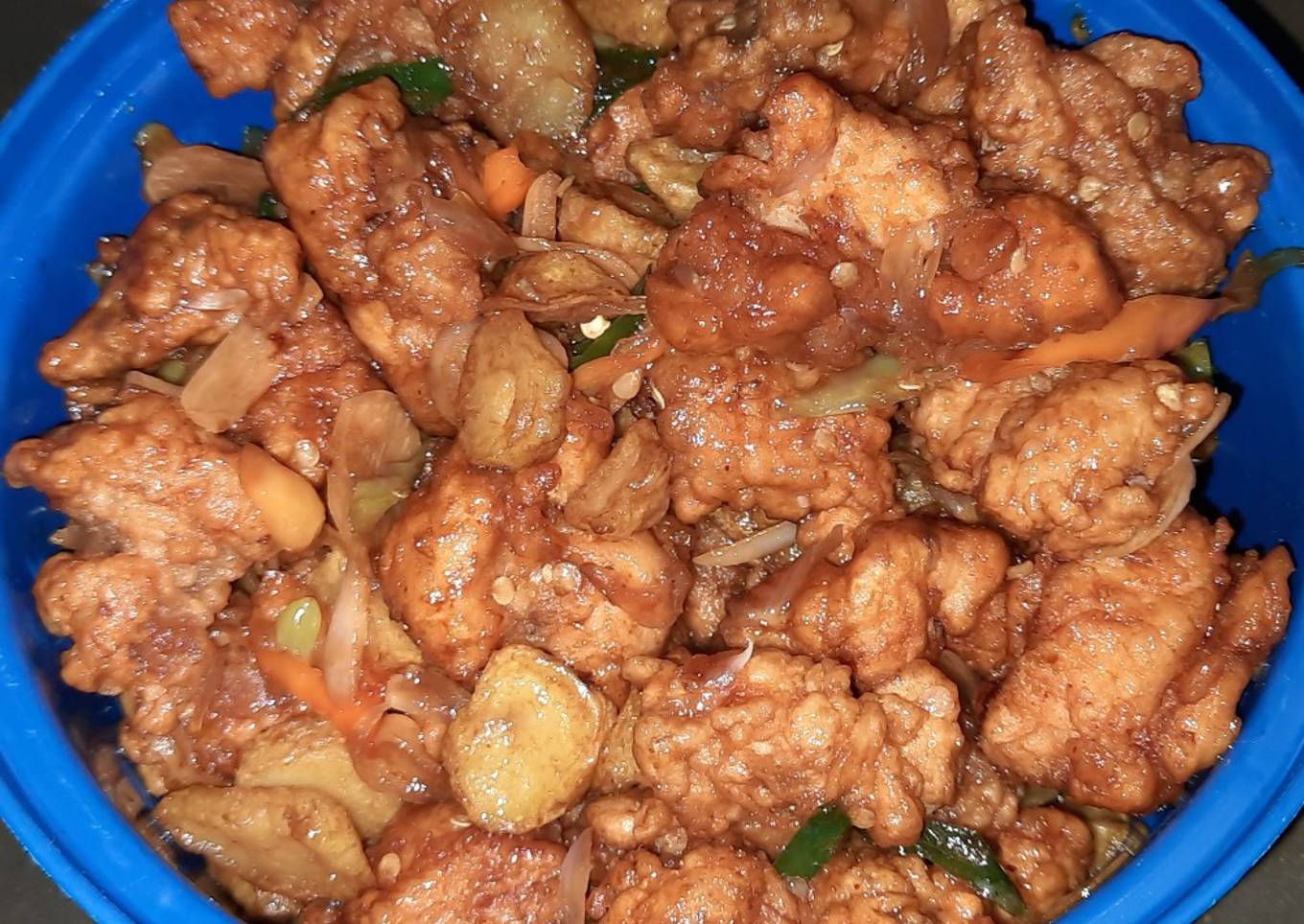 Oseng kentang & ayam goreng tepung extra pedas manis
