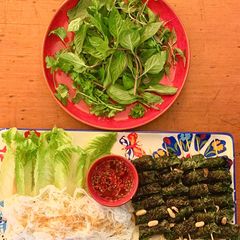 A picture of Vietnamese beef wrapped in betel leaf (Bo La Lot).