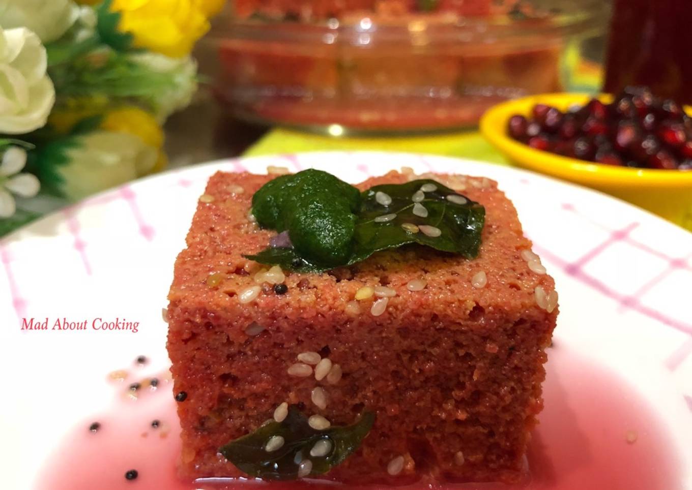 Chukandar Anar Dhokla (Beetroot Gramflour Steamed Cake With Pomegranate Juice) â€“