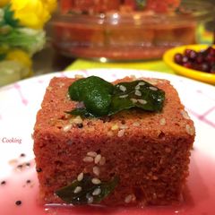 A picture of Chukandar Anar Dhokla (Beetroot Gramflour Steamed Cake With Pomegranate Juice) –.