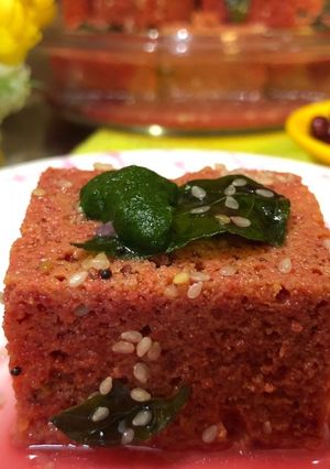 A picture of Chukandar Anar Dhokla (Beetroot Gramflour Steamed Cake With Pomegranate Juice) –.