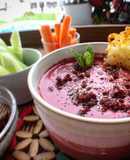 Cold Beet and Kefir (or Yogurt) Soup with Mint, Ham Salt, and Cheese Crisps