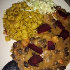 A picture of Njahi pumpkin n peanut butter with spiced pasta.