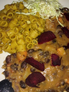 A picture of Njahi pumpkin n peanut butter with spiced pasta.