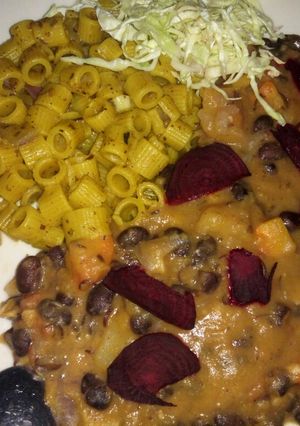 A picture of Njahi pumpkin n peanut butter with spiced pasta.