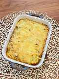 Oven baked omelette with minced meat and potatoes
