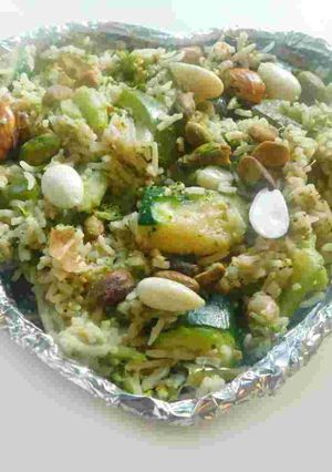 A picture of Pilaf (Biriyani) with green veggies.
