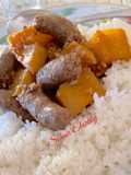 طاجن بطاطس بالسجق مع رز ابيض🍚🥔