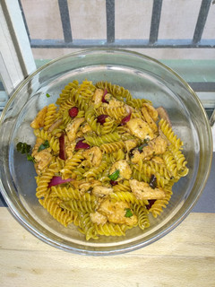 A picture of Colorful Pasta Salad with Lettuce and Chicken.
