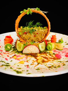 A picture of Deconstructed Samosa Chole Chaat.