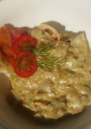 A picture of Creamy bacon and fish starter.