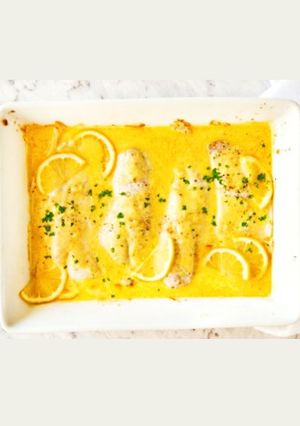 A picture of Backed fish with lemon cream sauce.
