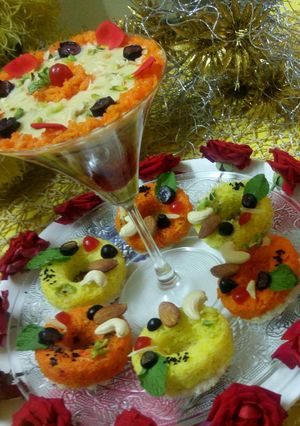 A picture of Sweet rice with rabri and besan halva crumble.