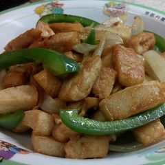 A picture of Stir -Fry Tofu and Fish Cake with Oyster Sauce.