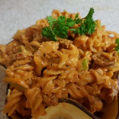 A picture of My Chorizo Pasta & cheesey sauce.