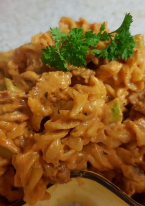 A picture of My Chorizo Pasta & cheesey sauce.
