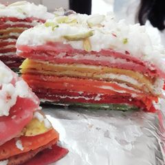 A picture of Eggless rainbow cake.