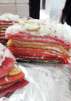 A picture of Eggless rainbow cake.