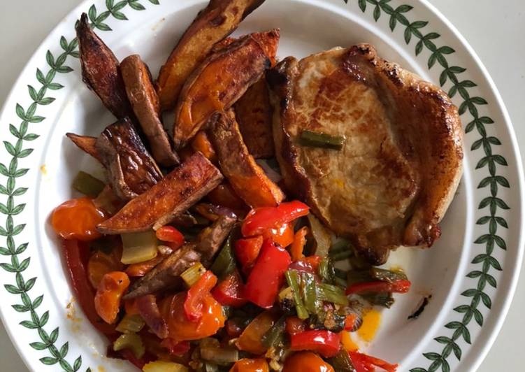 Steps to Prepare Speedy Pork Loin Chop, Sweet Potato Chips &amp; Sautéed Vegetables