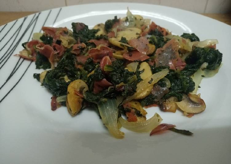 ✅🗣📢 Revuelto de setas y espinacas con cebolla y jamón ibérico