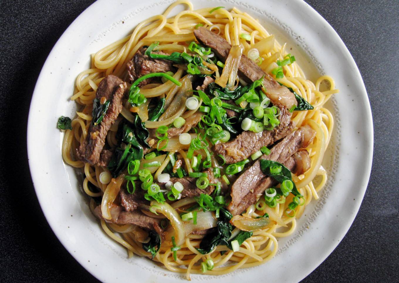 Beef & Spinach Spaghetti Garlic Soy Sauce