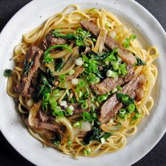Beef & Spinach Spaghetti Garlic Soy Sauce A picture of Beef & Spinach Spaghetti Garlic Soy Sauce.