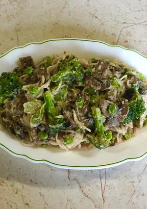 A picture of Edamame, Broccoli, Green Peppers and Mushrooms Thai Noodle.