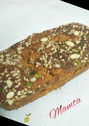 A picture of Pumpkin dry fruit loaf cake.