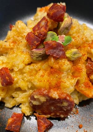 Une photo de Risotto crémeux carottes chorizo