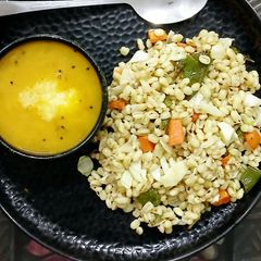 A picture of Mix Veg Barley Upma with Toor Dal.