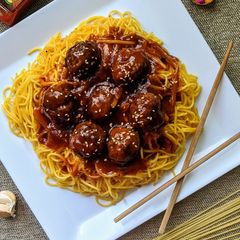 Honey Sriracha Meatballs with Stir Fried Noodles A picture of Honey Sriracha Meatballs with Stir Fried Noodles.