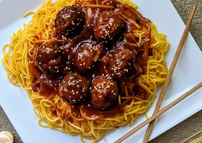 Steps to Make Any-night-of-the-week Honey Sriracha Meatballs with Stir Fried Noodles