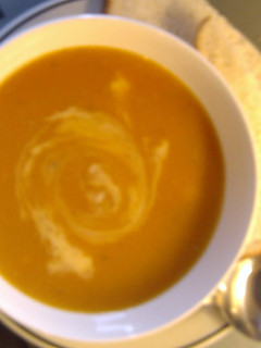 A picture of "V" spiced carrot and butternut soup.
