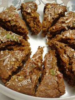A picture of Flaxseed oatmeal wheat coconut jaggery cake.